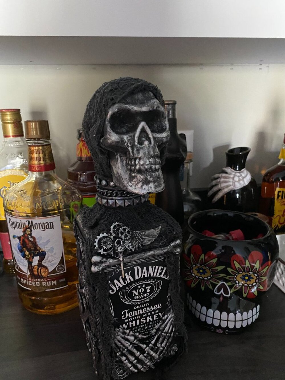 Steampunk, Goth/Skeleton-Style Upcycled Jack Daniels Bottle - Picture 2 of 7